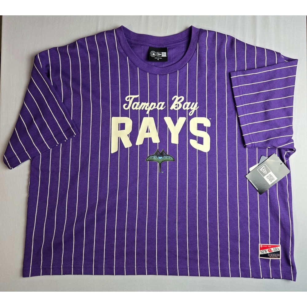 New Era Tampa Bay Rays MLB Pinstripe Crop Top T-Shirt Purple Womens XL NEW